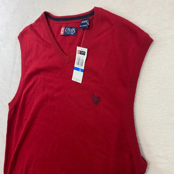 NWT Mens Sz XL Chaps Sweater Vest Red 100% Cotton Light Weight Holiday V-Neck - Picture 2 of 7